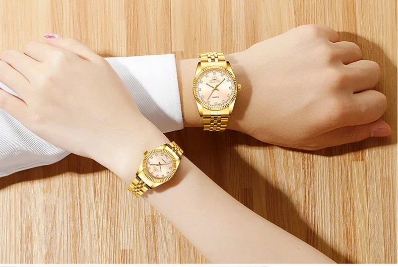 CHENghts-Montre de couple à quartz en acier inoxydable doré pour femme, horloge de luxe