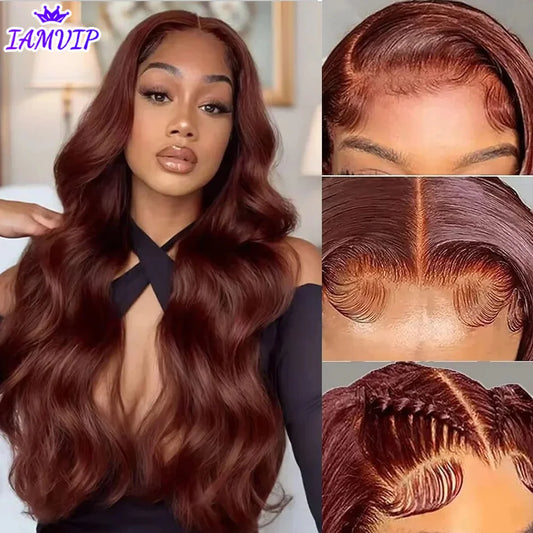 250% 30 32 pouces Brésilien 33 #   Auburn rouge corps vague brun 13x4 Hd dentelle avant perruques cheveux humains couleur 13x6 dentelle frontale perruque
