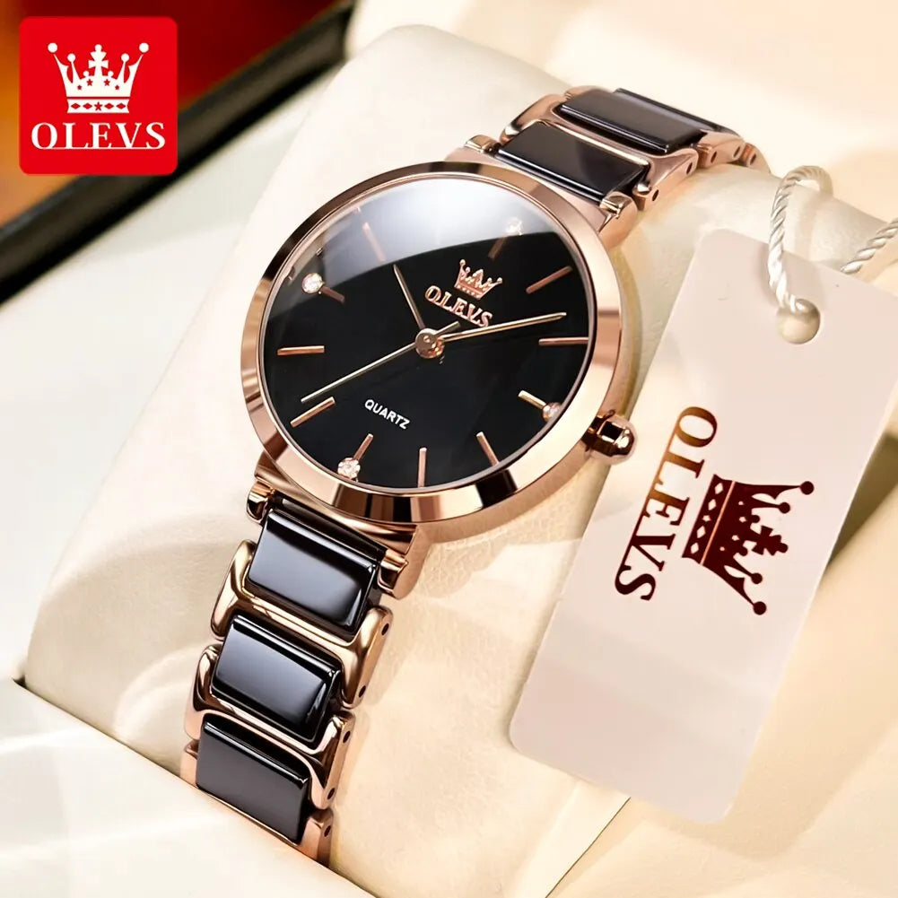 OLEVS-Montre-bracelet de luxe en or rose pour femme, montre-bracelet à quartz pour femme, horloge à bracelet en céramique, mode féminine