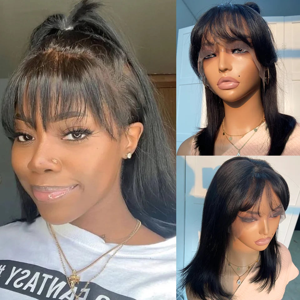 Perruque Bob Lace Front Wig naturelle péruvienne, cheveux courts et lisses, avec frange, cheveux Remy brésiliens, partie facile, pour femmes