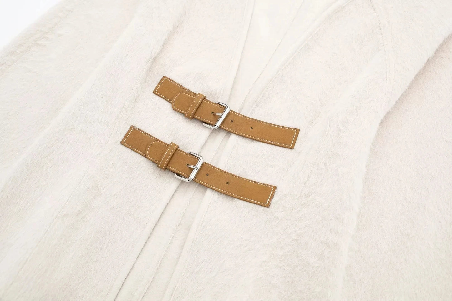 Manteau Lencensa - TRAFZA Rétro Cuir Boucle Laine Col V Beige Femme - Lencensa 