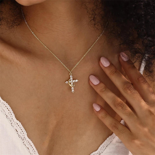 Chaîne en acier inoxydable, pendentif croix en cuivre pour femmes, collier de luxe en Zircon, couronne rotative, bijoux, livraison directe