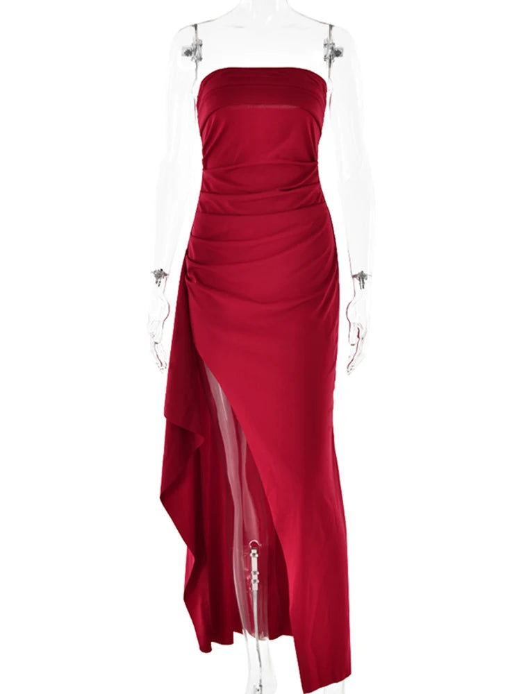 Mozision-Robe longue dos nu sans bretelles pour femme, robe maxi à fente haute, mode féminine, épaules dénudées, boîte de nuit, fête, élégante