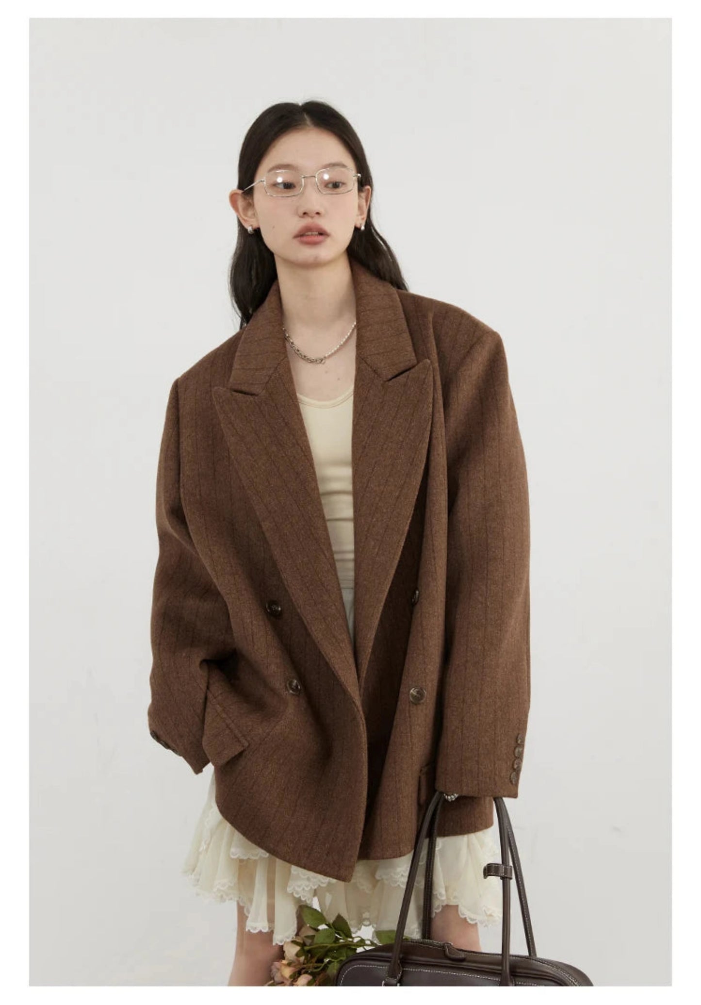 CHIC VEN-Blazer en laine vintage pour femme, veste à col en V, double boutonnage imbibé, manteau de bureau pour femme, printemps, automne, 2025 - Lencensa 