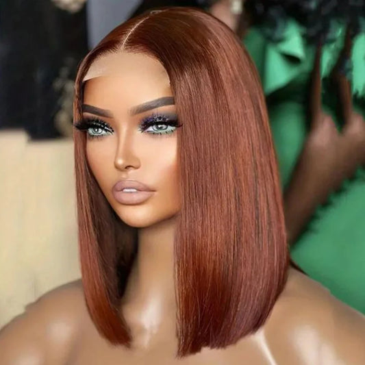 Rebecca-Perruque Bob Péruvienne Naturelle Courte, Cheveux Lisses, Brun Rousse 33, 13x6x1 T, pour Femme