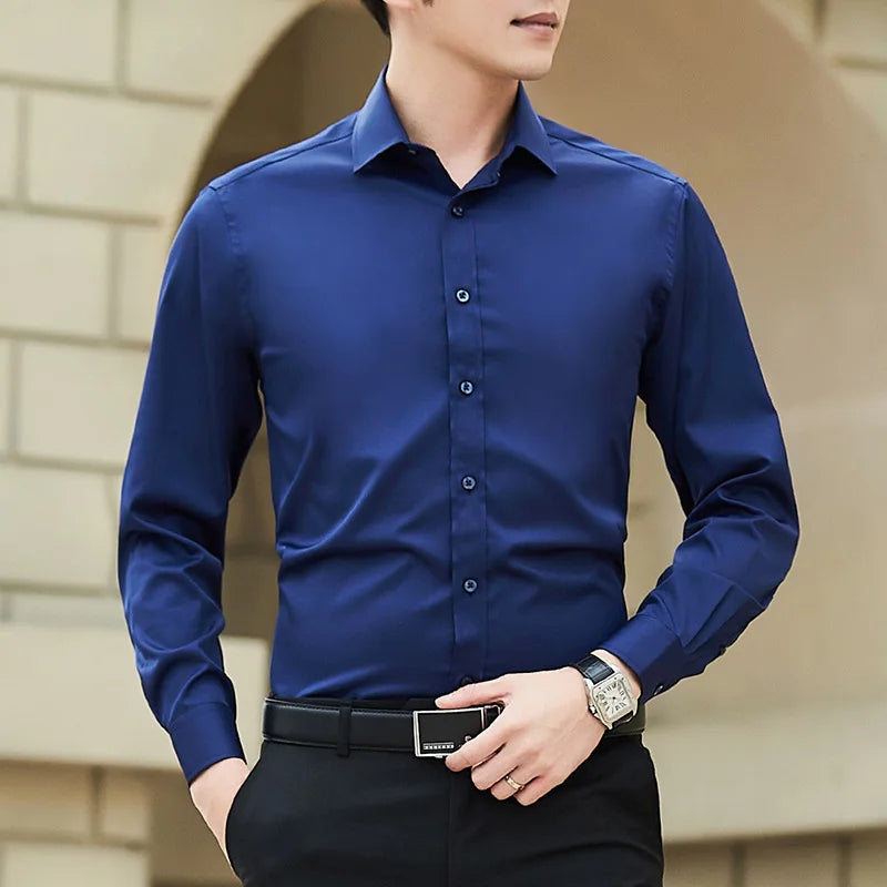 Chemise d'affaires à manches longues pour hommes, grande taille, couleur unie, mode classique, basique, décontractée, Slim, blanche, vêtements de marque, nouvelle collection - Lencensa 