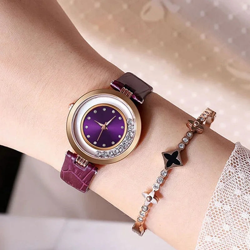 Montre à Quartz Analogique avec Ceinture en Cuir et Diamant pour Femme, Accessoire de Luxe