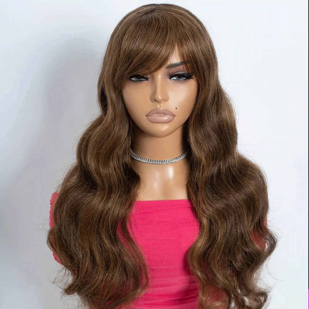 Perruque brésilienne de cheveux humains de vague de corps de densité 180% avec la frange porter pour aller perruques de cheveux humains brun naturel pour les femmes perruque profonde lâche - Lencensa 