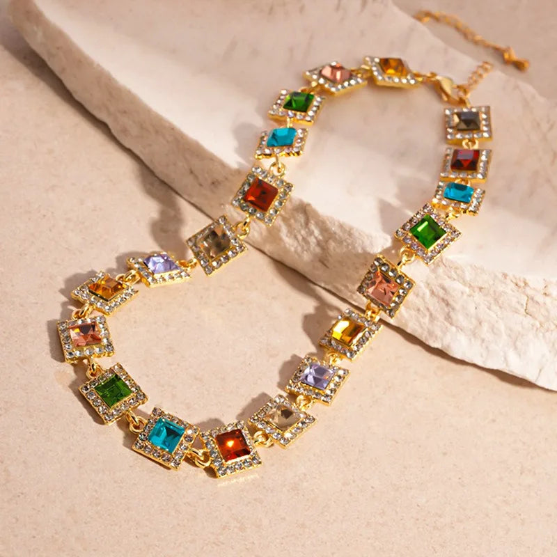 Rotterdam Kly-Collier Ras du Cou avec Strass Colorés, Géométrique, Rond, Carré, Clip, Bijoux de Mariage pour Femme Patiente