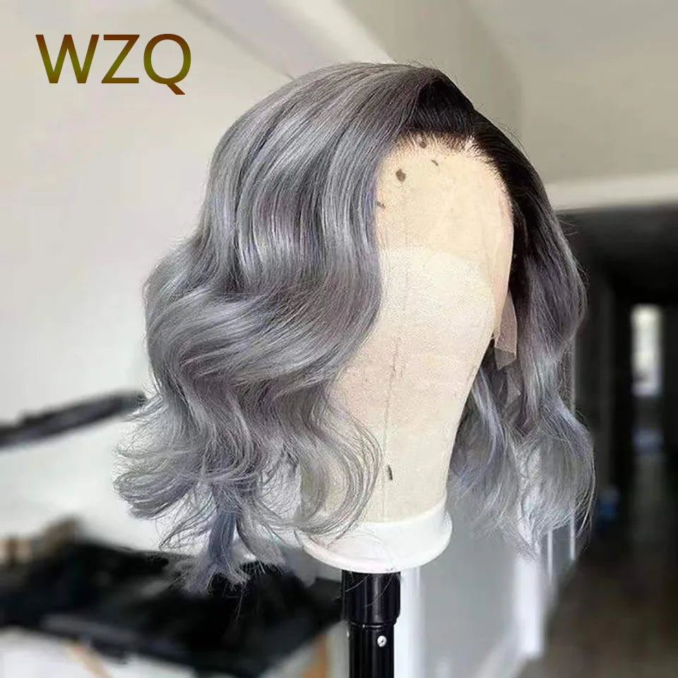 Perruque Bob Lace Front Wig naturelle brésilienne ondulée, cheveux courts, gris ombré 1B, 13x4, transparente HD, pour femmes