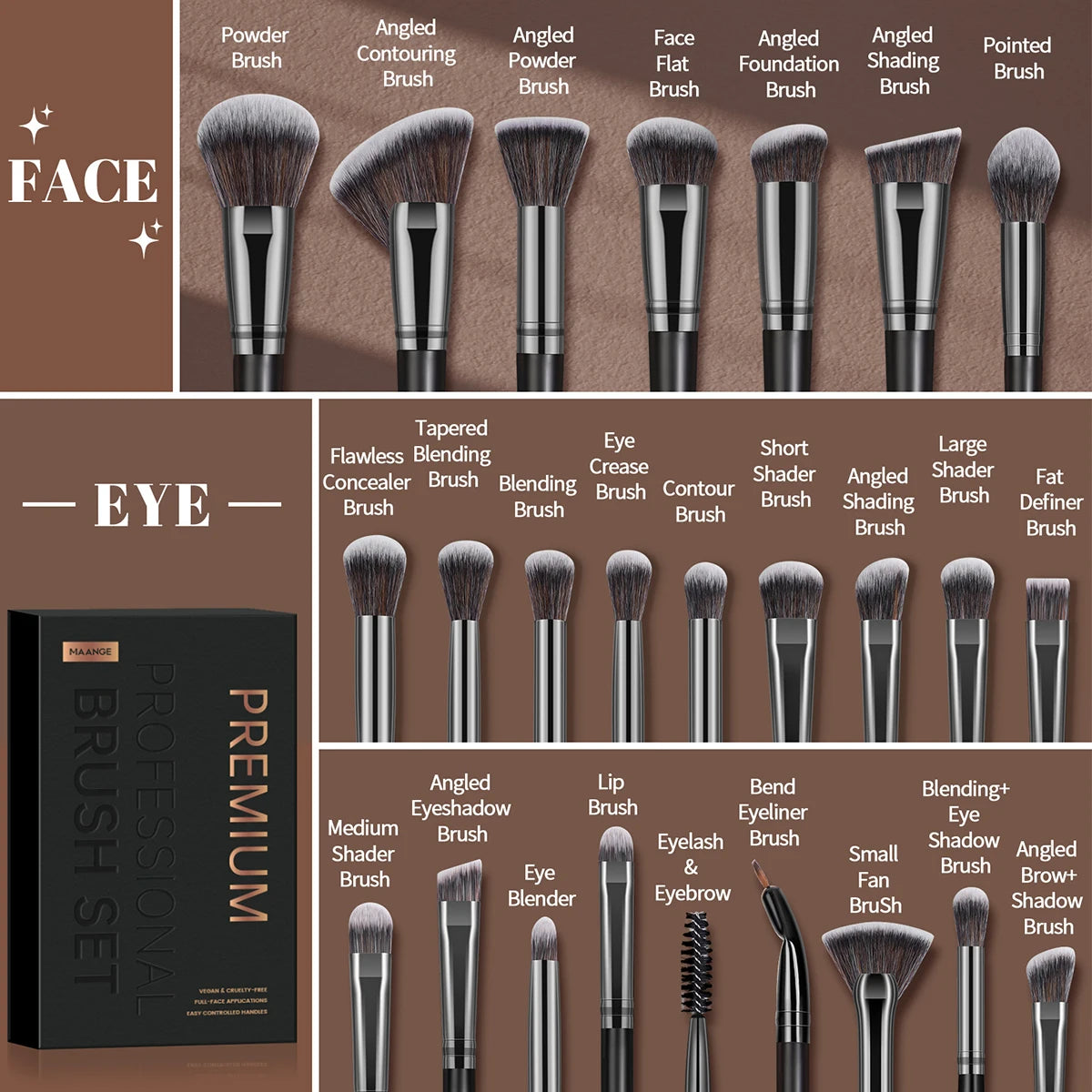 MAANGE-Kit de pinceaux de maquillage professionnels, brosses de beauté pour le visage, les yeux, le fond de teint, le fard à barrage, le contour, coffret cadeau, 25 pièces - Lencensa 