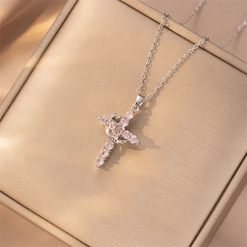 Chaîne en acier inoxydable, pendentif croix en cuivre pour femmes, collier de luxe en Zircon, couronne rotative, bijoux, livraison directe