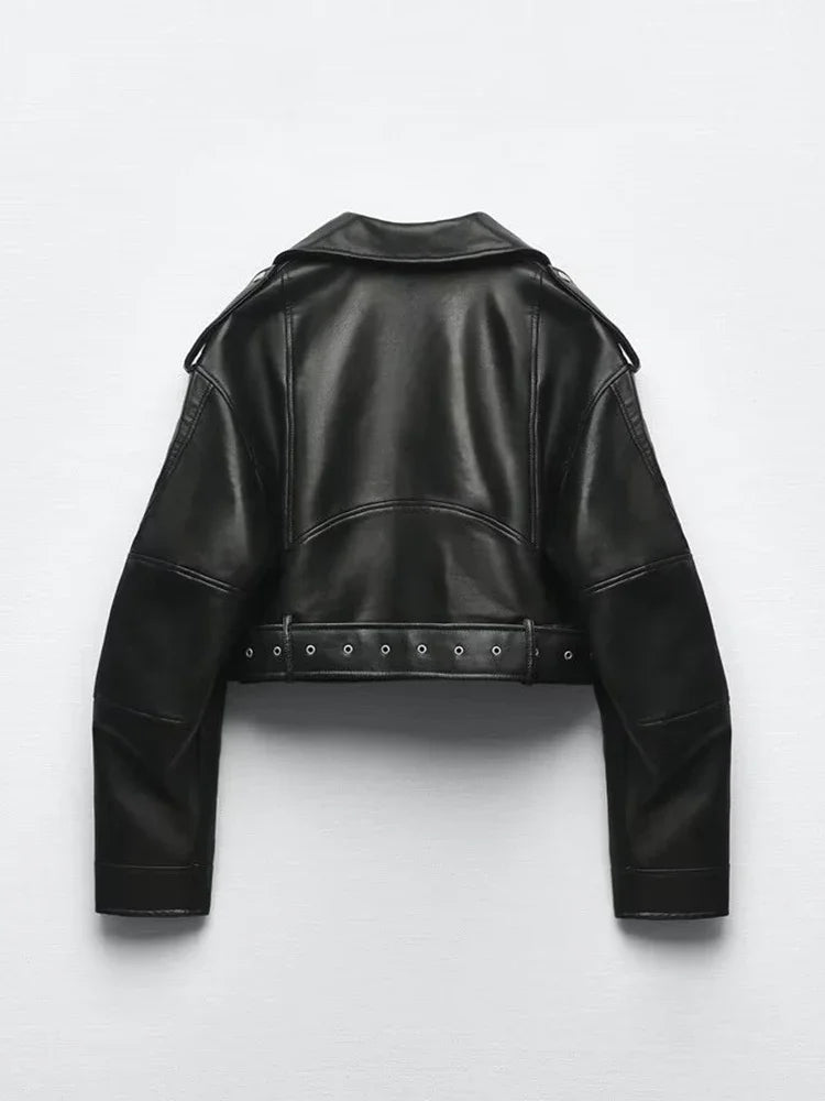 Veste Courte Femme en Similicuir avec Ceinture - Style Motard Vintage