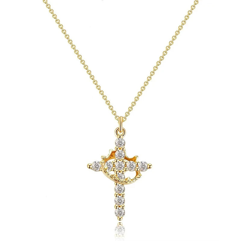 Chaîne en acier inoxydable, pendentif croix en cuivre pour femmes, collier de luxe en Zircon, couronne rotative, bijoux, livraison directe
