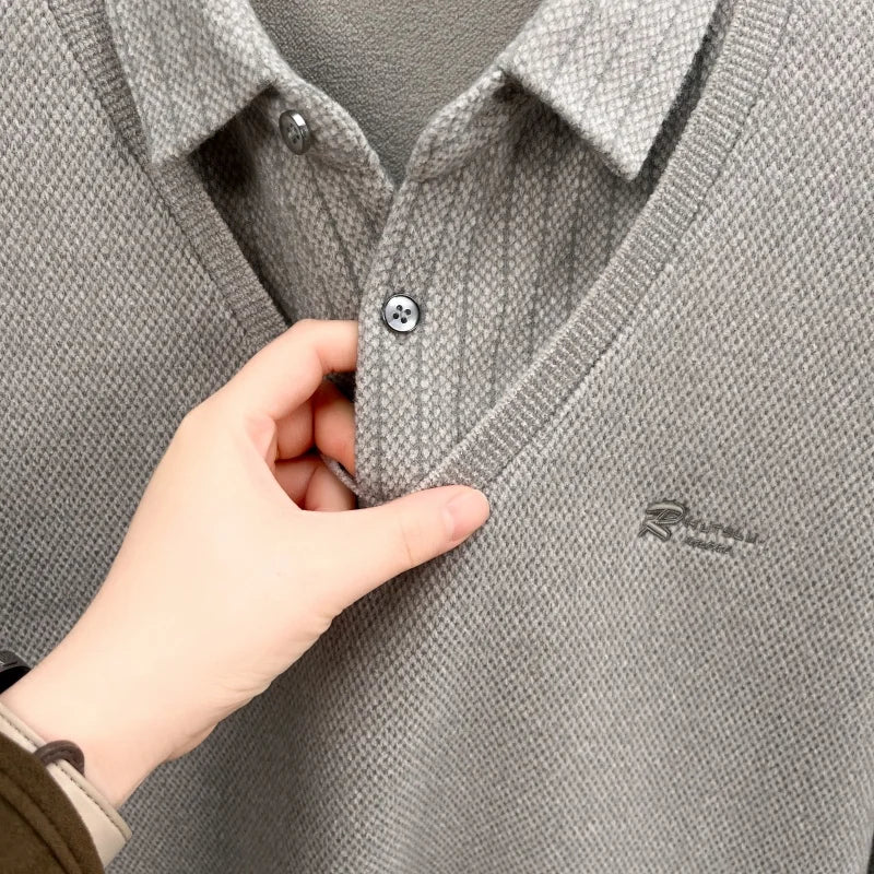 Marque de luxe hommes en peluche faux deux pièces à manches longues tricoté pull hiver nouvelle couleur unie imprimé chaud mode affaires vêtements pour hommes - Lencensa 