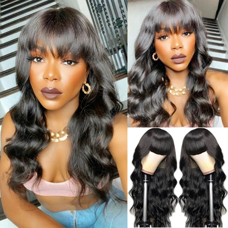 Perruque brésilienne Body Wave avec frange pour femme, perruques de cheveux humains, fabriquée à la machine, document naturel, 100%