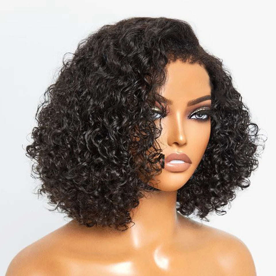 Perruque Bob Lace Wig Péruvienne Naturelle pour Femme Africaine, Cheveux Crépus Bouclés, Deep Curly, Baby Hair, Pixie Water Wave