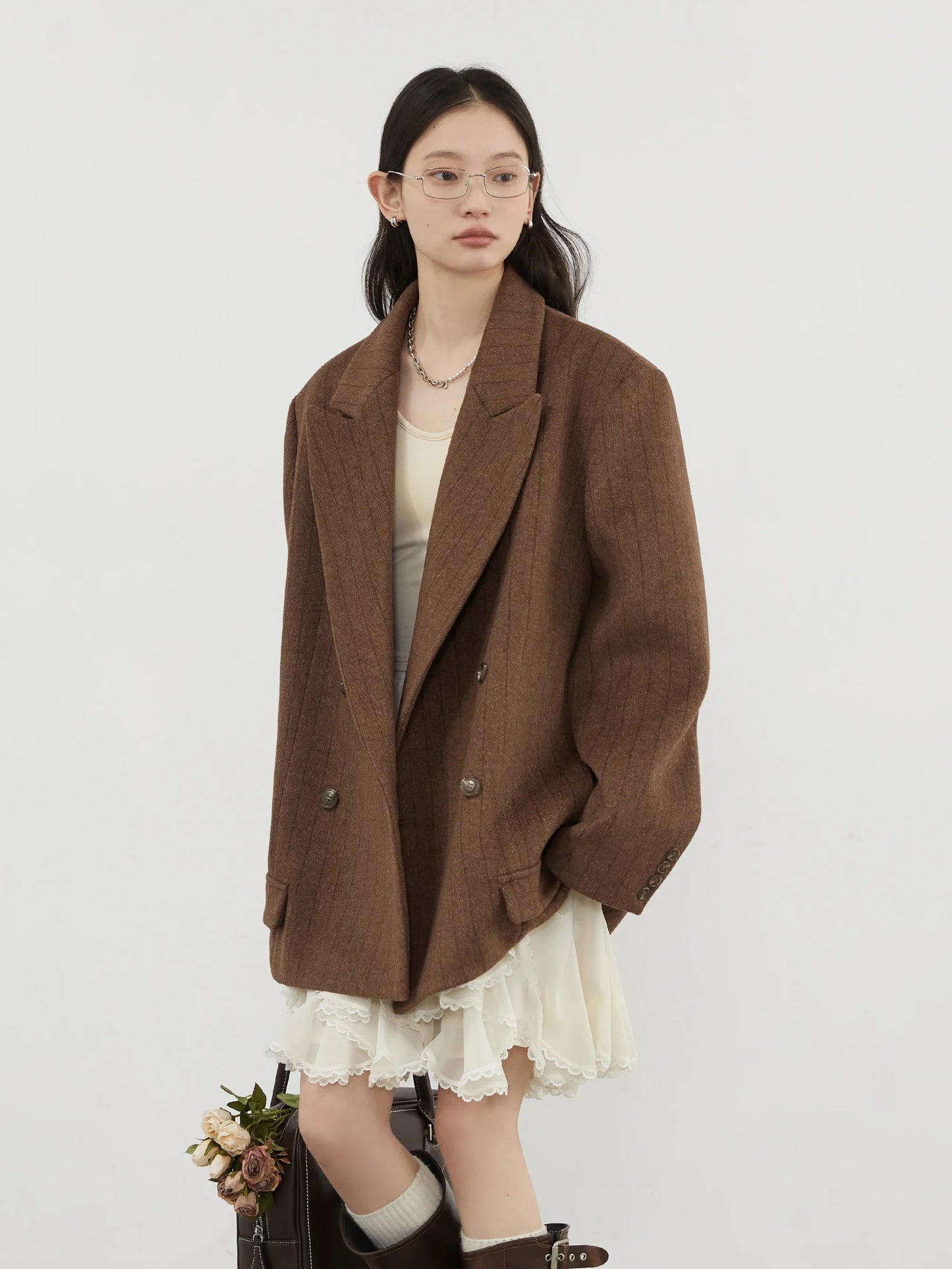 CHIC VEN-Blazer en laine vintage pour femme, veste à col en V, double boutonnage imbibé, manteau de bureau pour femme, printemps, automne, 2025 - Lencensa 