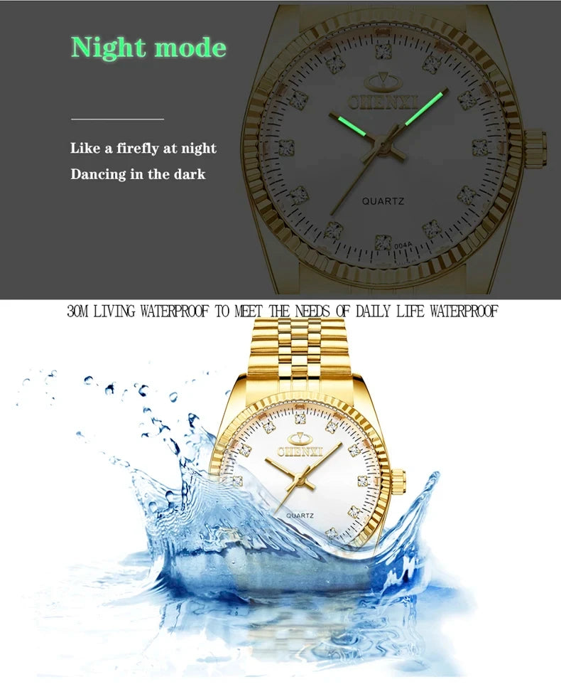 CHENghts-Montre de couple à quartz en acier inoxydable doré pour femme, horloge de luxe