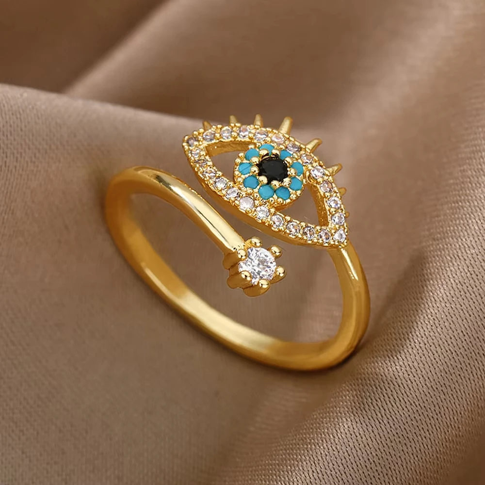 Bagues géométriques en acier inoxydable et Zircon pour femmes, bijoux de luxe, mauvais œil, couleur or, réglables, tendance, cadeau esthétique de mariage