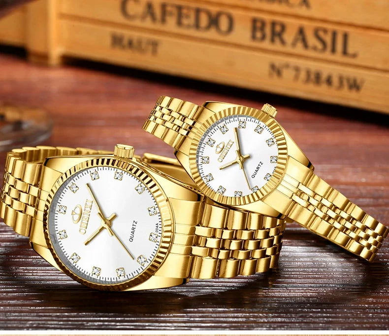 CHENghts-Montre de couple à quartz en acier inoxydable doré pour femme, horloge de luxe