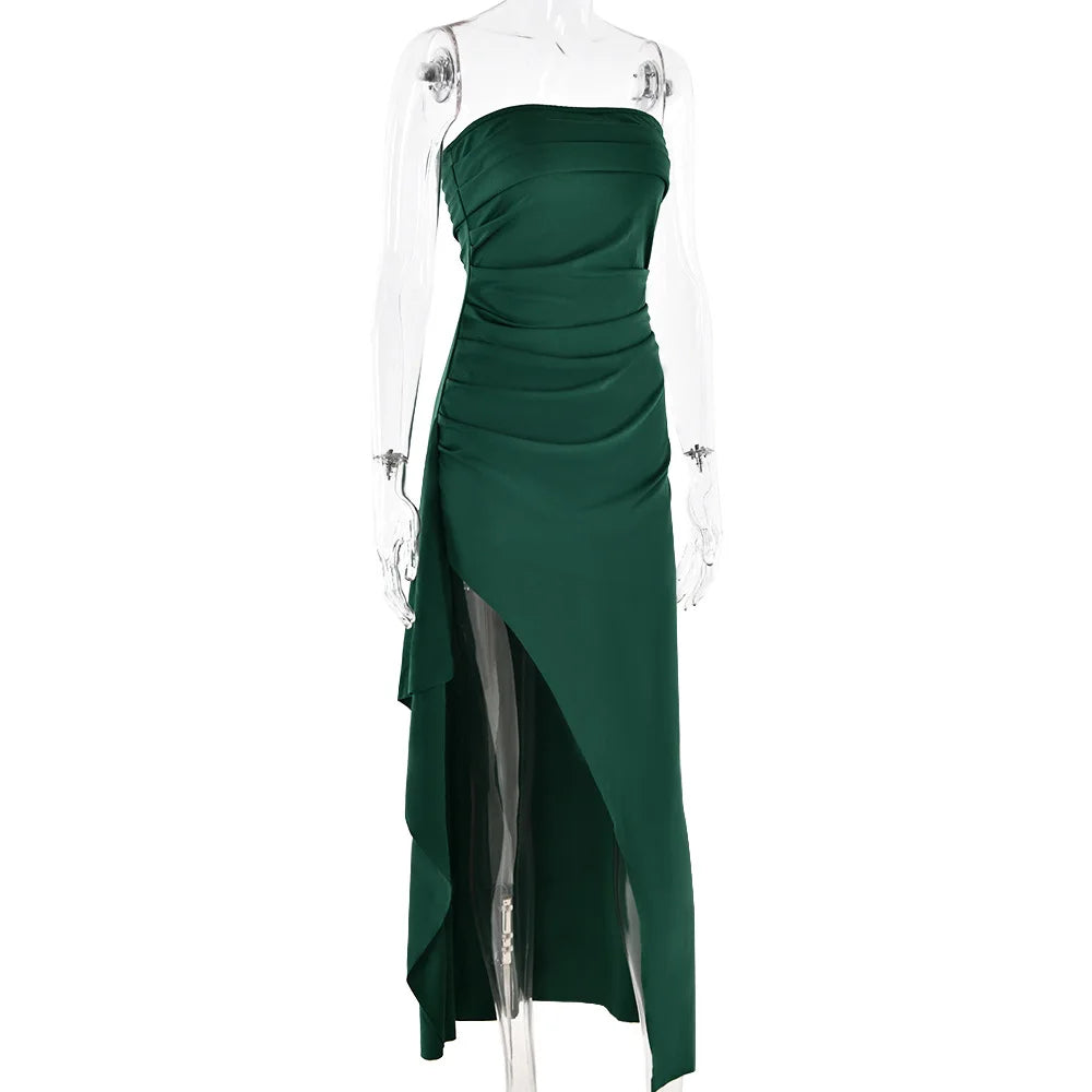 Robe Maxi fendue, épaules dénudées, élégante, taille haute, tenue de Club pour femmes, Sexy, sans bretelles, robe froncée