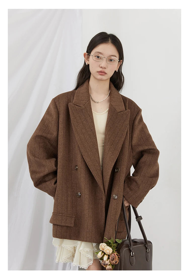 CHIC VEN-Blazer en laine vintage pour femme, veste à col en V, double boutonnage imbibé, manteau de bureau pour femme, printemps, automne, 2025 - Lencensa 