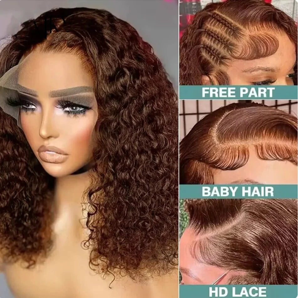 Perruque Bob Brésilienne Bouclée Brun Foncé, Cheveux Naturels, 13x4, pour Femme Africaine