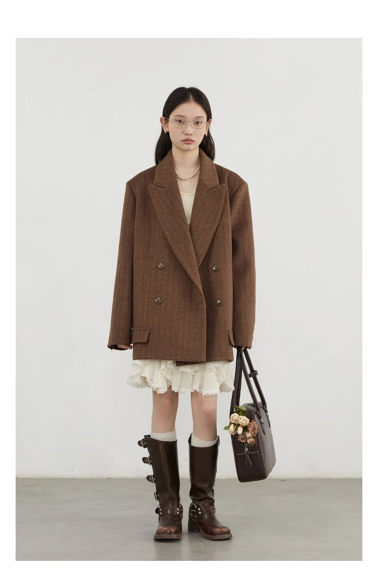 CHIC VEN-Blazer en laine vintage pour femme, veste à col en V, double boutonnage imbibé, manteau de bureau pour femme, printemps, automne, 2025 - Lencensa 