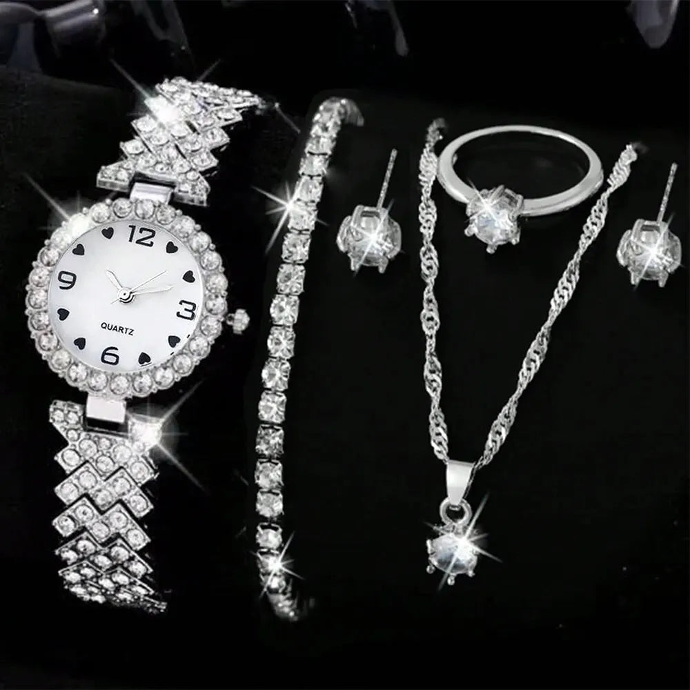 Ensemble de montre-bracelet à quartz pour femme, horloge pour femme, cadran romain, design de marque de luxe, décontracté, 6 pièces