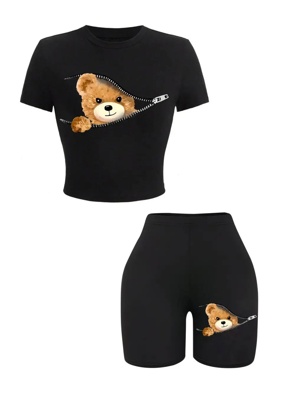 Ensemble 2 pièces de t-shirts courts minces pour femmes, un ours en peluche émerge des College à fermeture éclair, vêtements de sport à haute élasticité, t-shirts et shorts doux