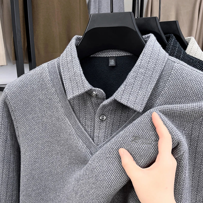 Marque de luxe hommes en peluche faux deux pièces à manches longues tricoté pull hiver nouvelle couleur unie imprimé chaud mode affaires vêtements pour hommes - Lencensa 