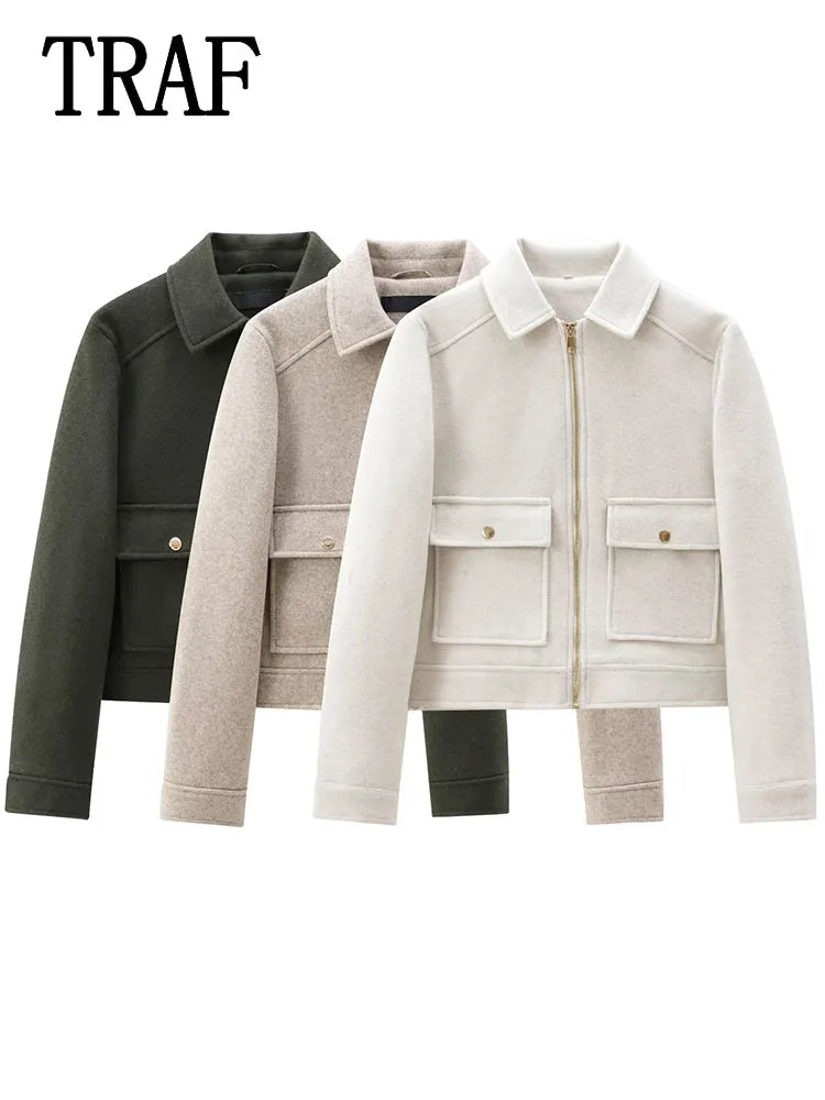 Veste à fermeture éclair pour femme, manteau d'hiver à manches longues avec poches, manteau court de rue élégant pour femme, nouvelle collection - Lencensa 