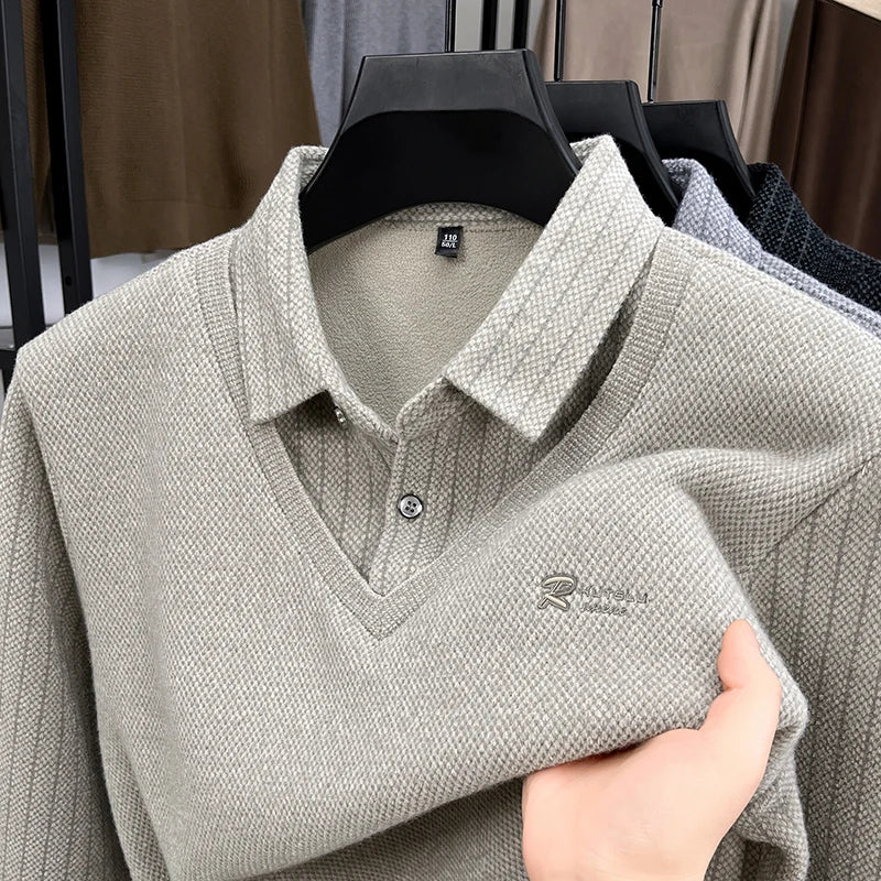 Marque de luxe hommes en peluche faux deux pièces à manches longues tricoté pull hiver nouvelle couleur unie imprimé chaud mode affaires vêtements pour hommes - Lencensa 