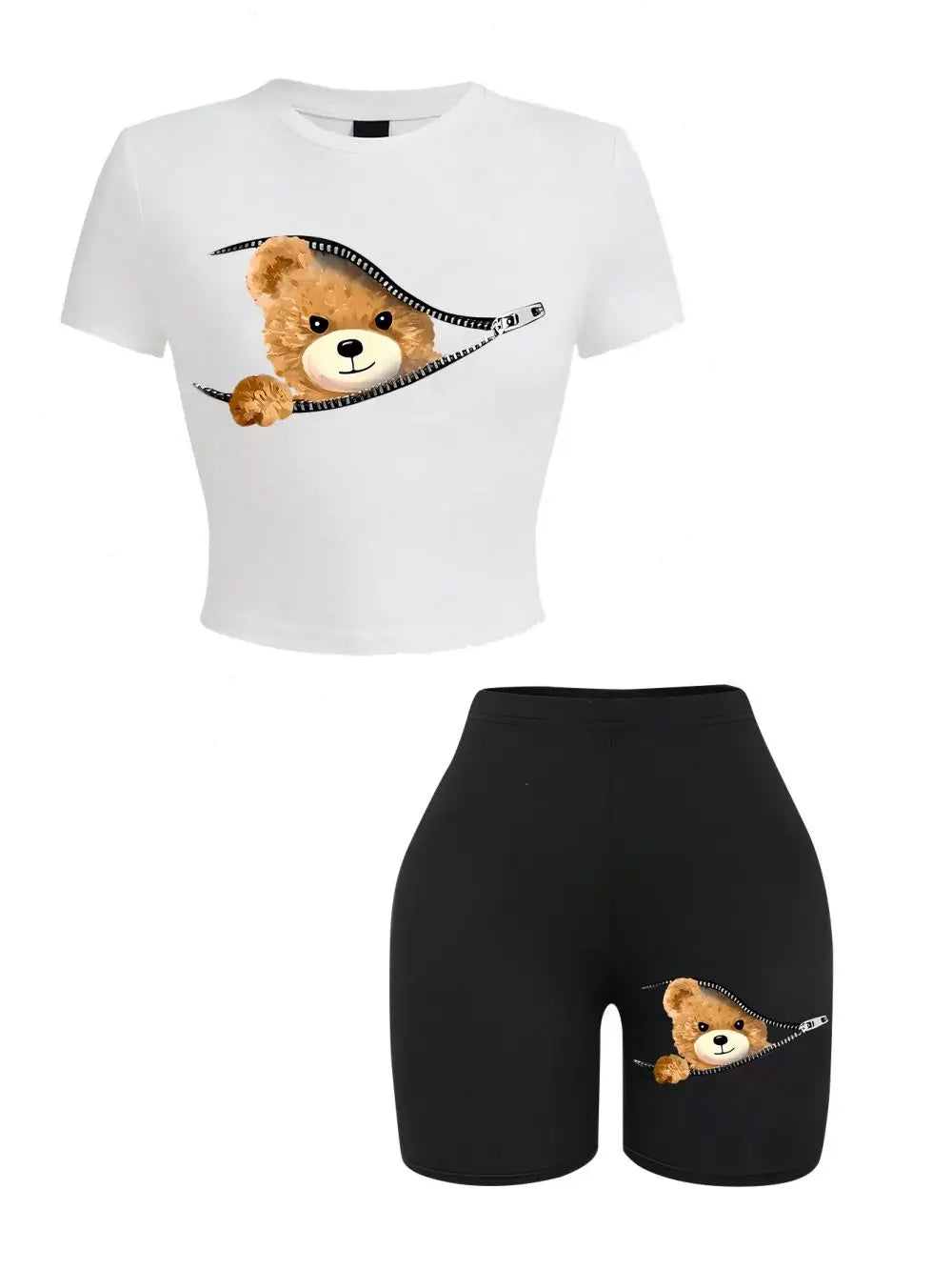 Ensemble 2 pièces de t-shirts courts minces pour femmes, un ours en peluche émerge des College à fermeture éclair, vêtements de sport à haute élasticité, t-shirts et shorts doux