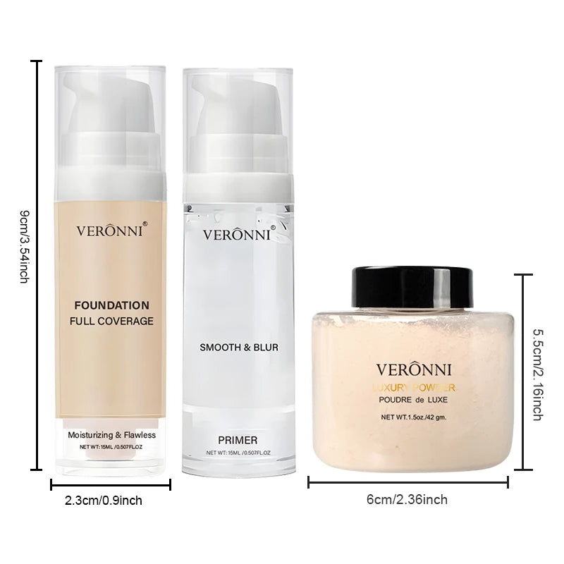 Kit de maquillage pour le visage, 3 pièces, comprend un fond de teint liquide à couverture complète de 15ml, primaire de maquillage hydratant et une poudre libre, résistant à la sueur
