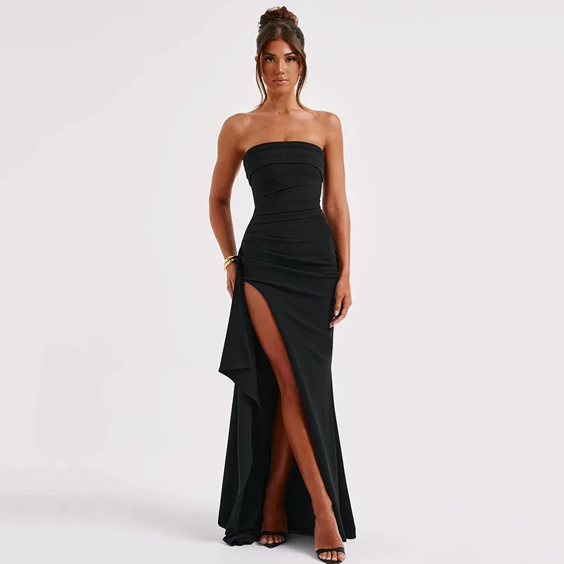 Robe Maxi fendue, épaules dénudées, élégante, taille haute, tenue de Club pour femmes, Sexy, sans bretelles, robe froncée