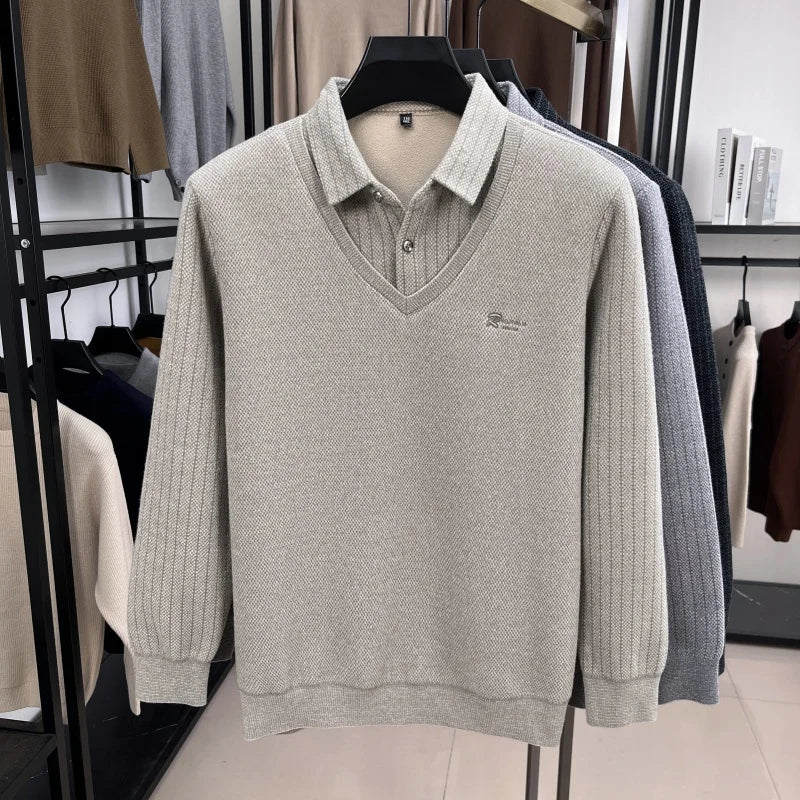 Marque de luxe hommes en peluche faux deux pièces à manches longues tricoté pull hiver nouvelle couleur unie imprimé chaud mode affaires vêtements pour hommes - Lencensa 