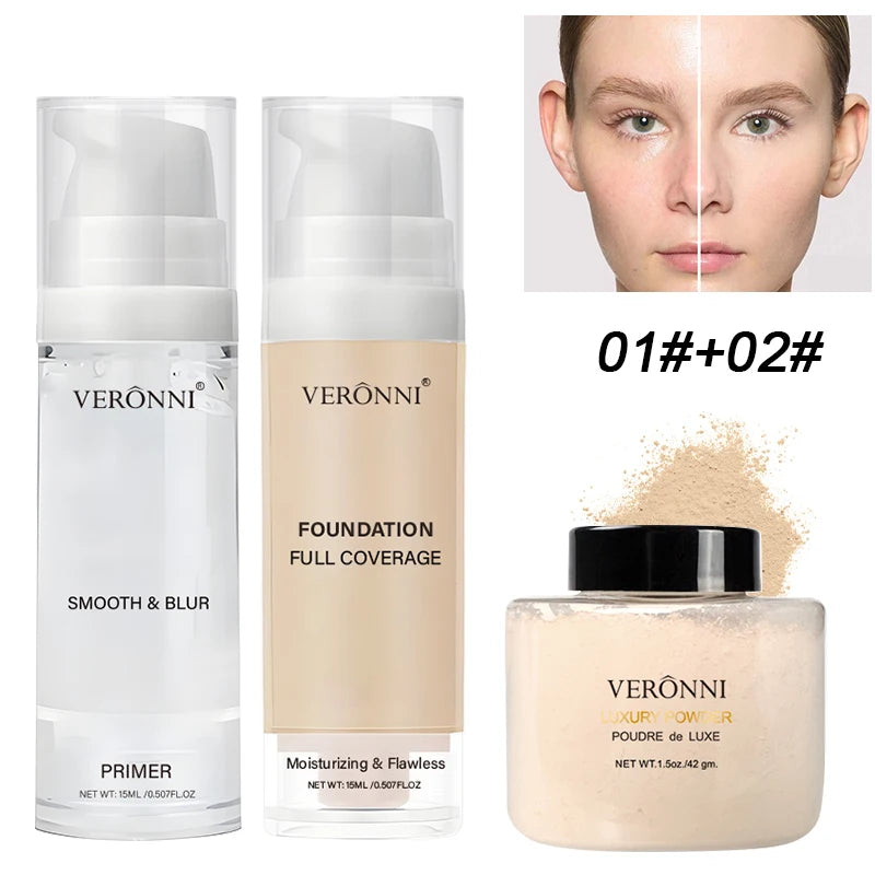 Kit de maquillage pour le visage, 3 pièces, comprend un fond de teint liquide à couverture complète de 15ml, primaire de maquillage hydratant et une poudre libre, résistant à la sueur