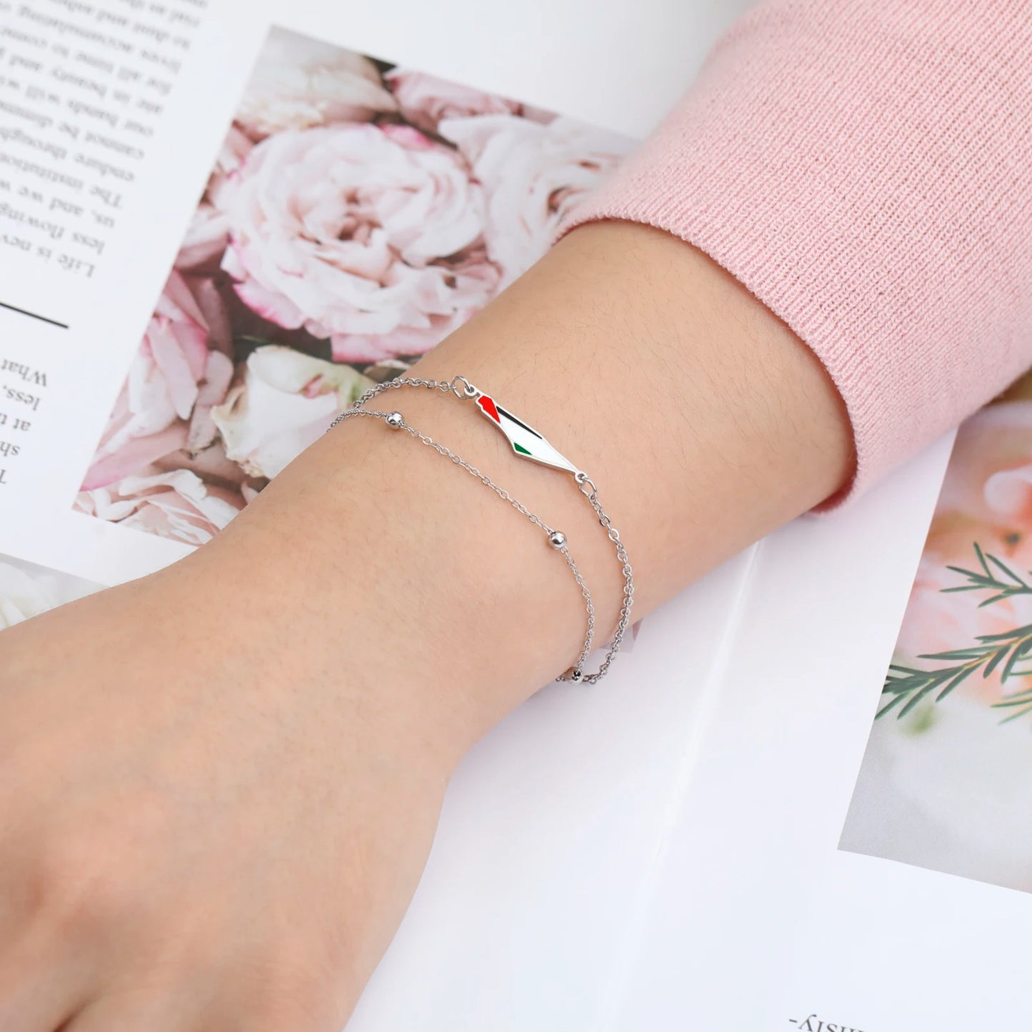 COOLTIME Bracelet à breloques pour femme avec carte de la Palestine en acier inoxydable réglable à double couche pour homme et femme, bijoux en gros