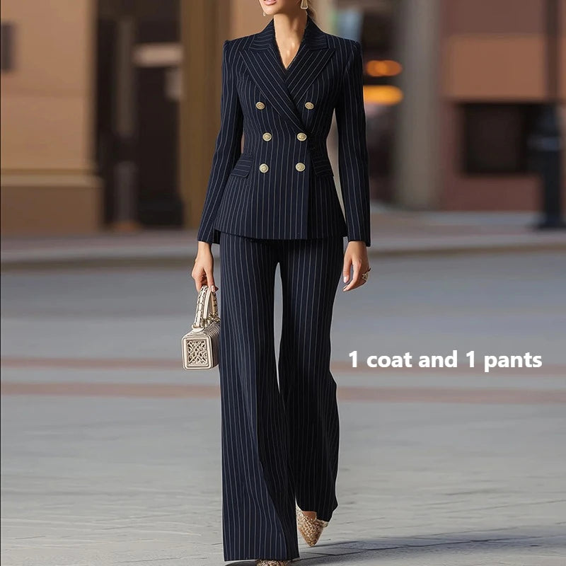 Modigirl formel 2 pièces Blazer pantalon costumes pour dames 2025 automne hiver mode tenue de bureau femmes rayé veste ensembles tenue - Lencensa 