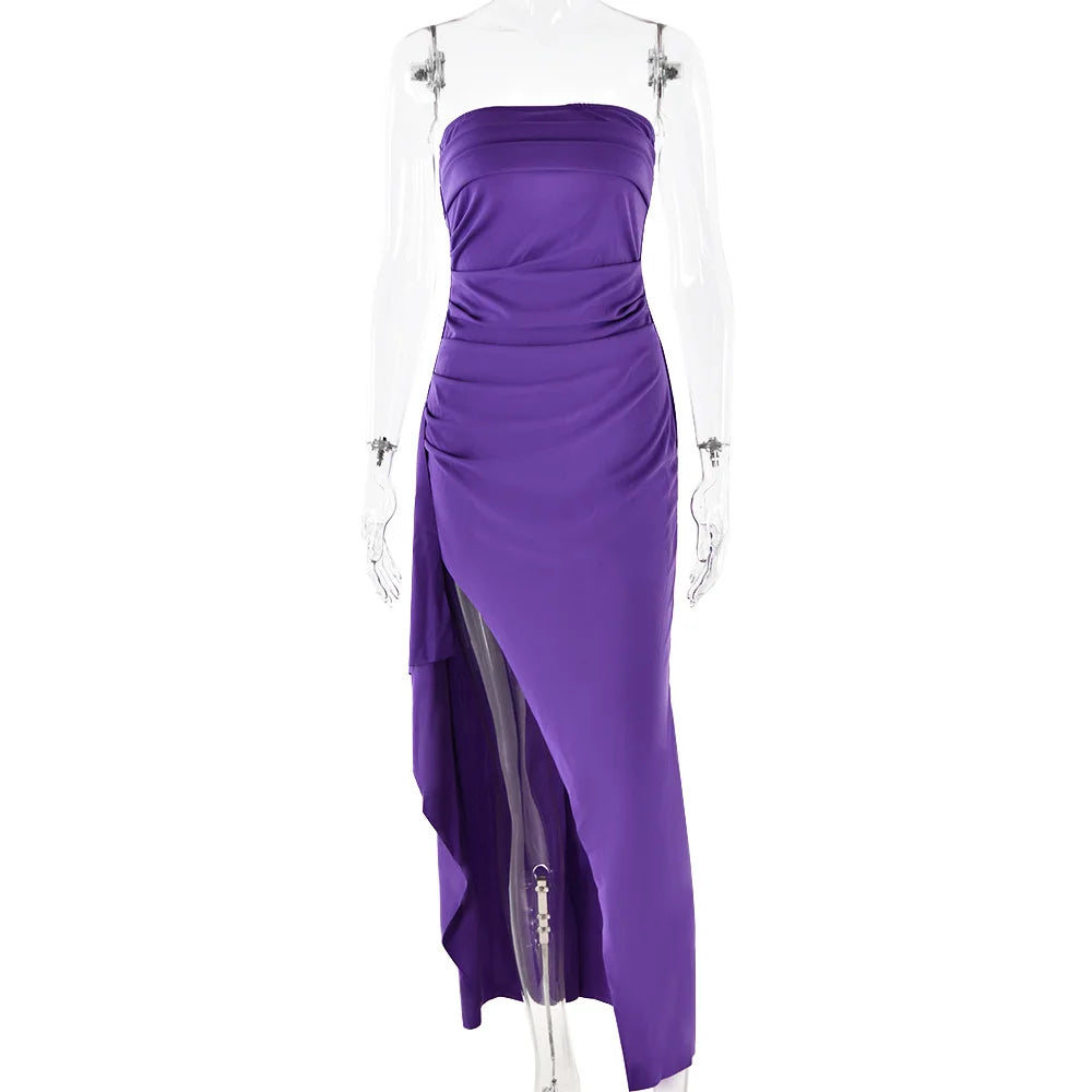 Robe Maxi fendue, épaules dénudées, élégante, taille haute, tenue de Club pour femmes, Sexy, sans bretelles, robe froncée