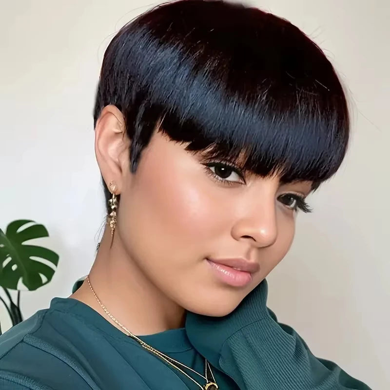 Perruques courtes coupe lutin de cheveux humains perruque droite bresillienne pour les femmes noires perruques entièrement fabriquées à la Machine avec frange perruque pas cher