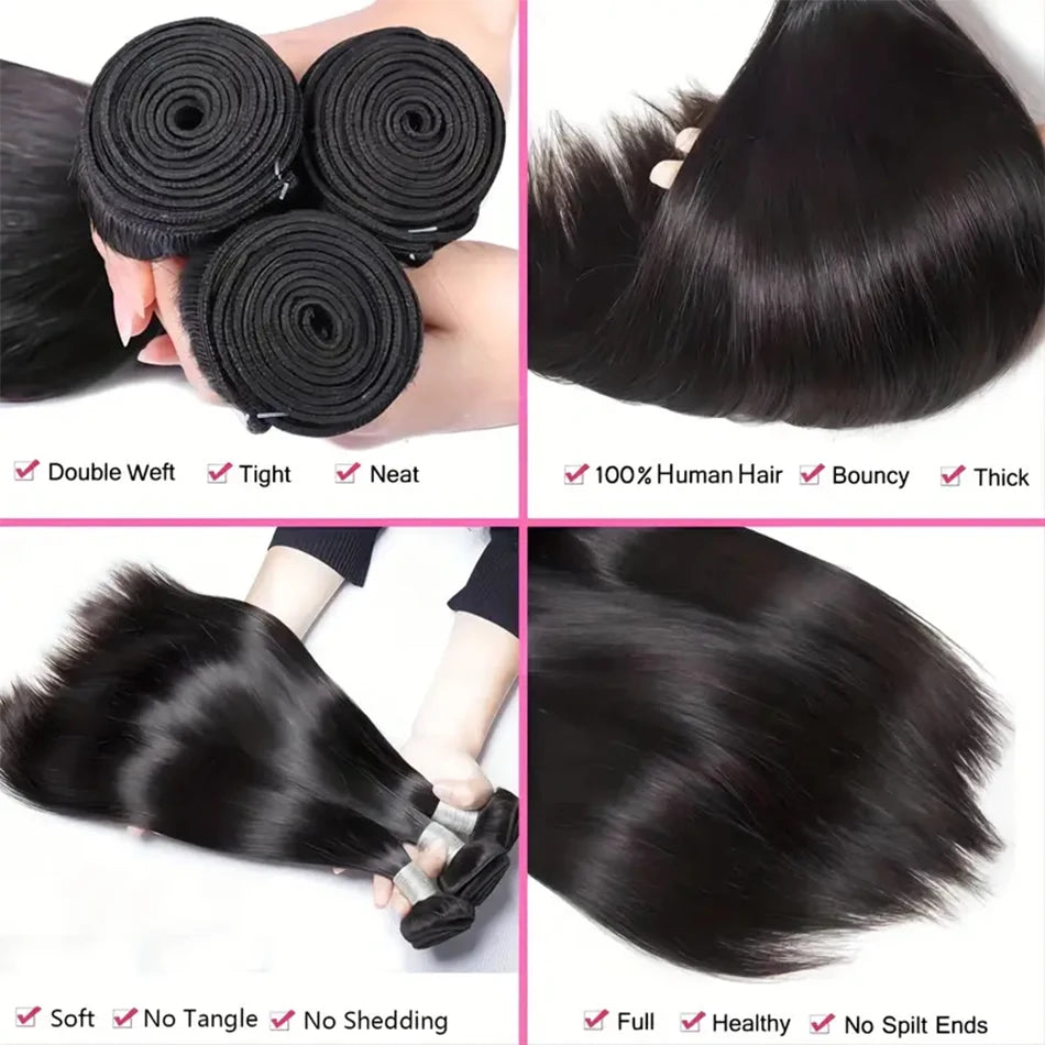 Paquets péruviens de cheveux humains droits d'os affaire des Extensions de cheveux vierges non transformés longs épais pas cher tissage de cheveux brésiliens naturel
