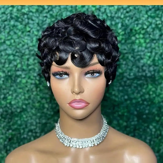 Perruque de Cheveux Humains Crépus et Bouclés avec Frange, Coupe Pixie Faite à la Machine