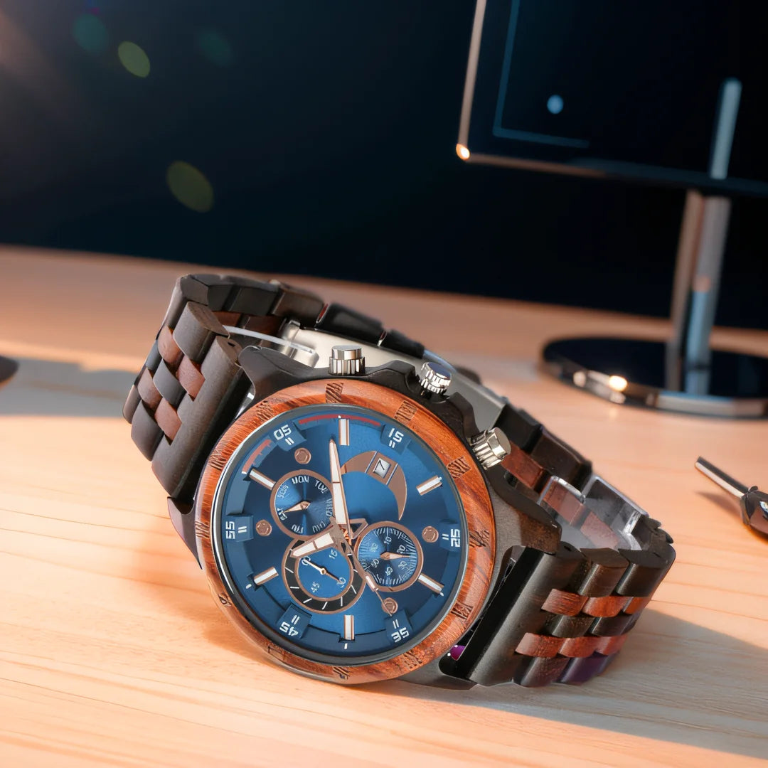 Montres-bracelets en bois pour hommes montres à Quartz de mode avec horloge Date semaine montres boîte en bois pour lui reloj hombre - Lencensa 