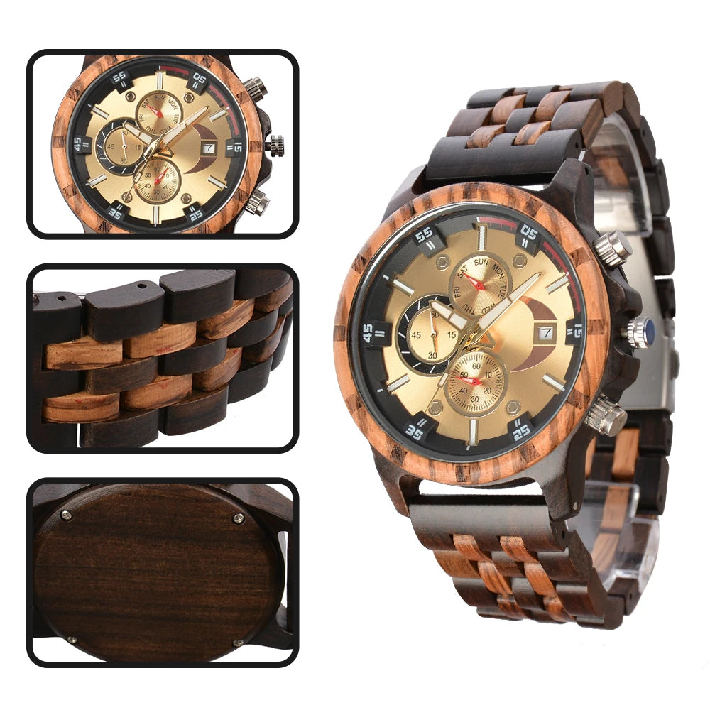 Montres-bracelets en bois pour hommes montres à Quartz de mode avec horloge Date semaine montres boîte en bois pour lui reloj hombre - Lencensa 