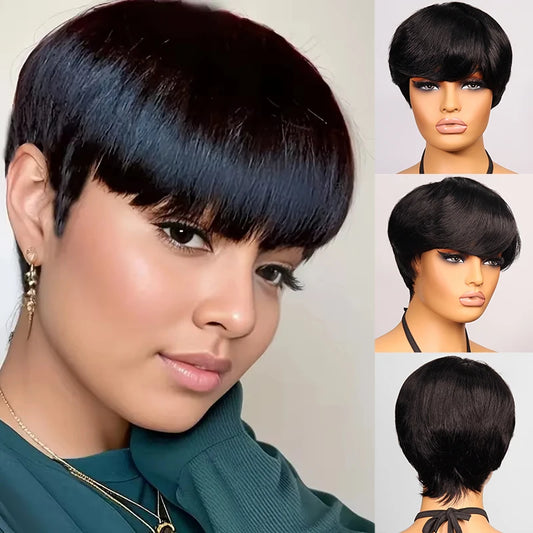 Perruques courtes coupe lutin de cheveux humains perruque droite bresillienne pour les femmes noires perruques entièrement fabriquées à la Machine avec frange perruque pas cher