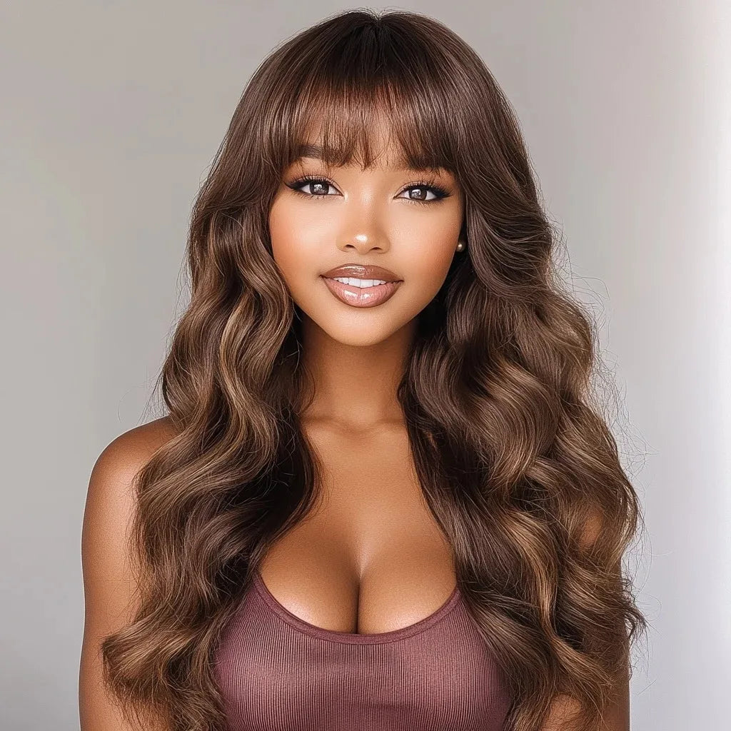 Perruque brésilienne de cheveux humains de vague de corps de densité 180% avec la frange porter pour aller perruques de cheveux humains brun naturel pour les femmes perruque profonde lâche - Lencensa 