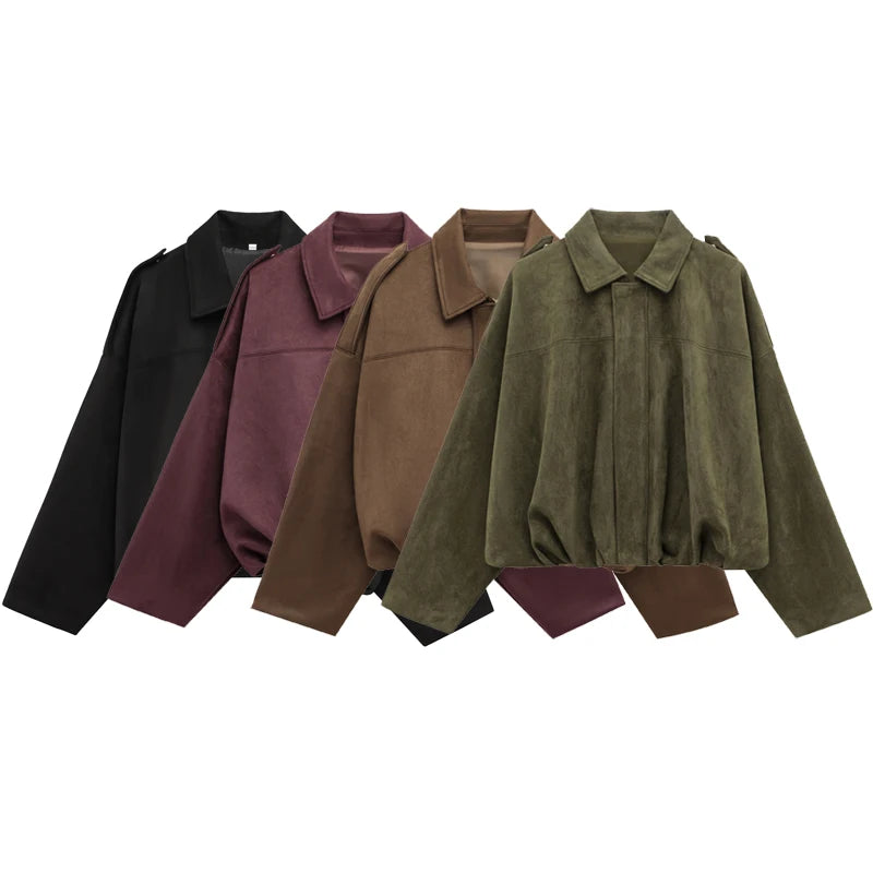 Veste Bomber Femme en Daim - Fermeture Éclair Revers Manches Longues - Lencensa 